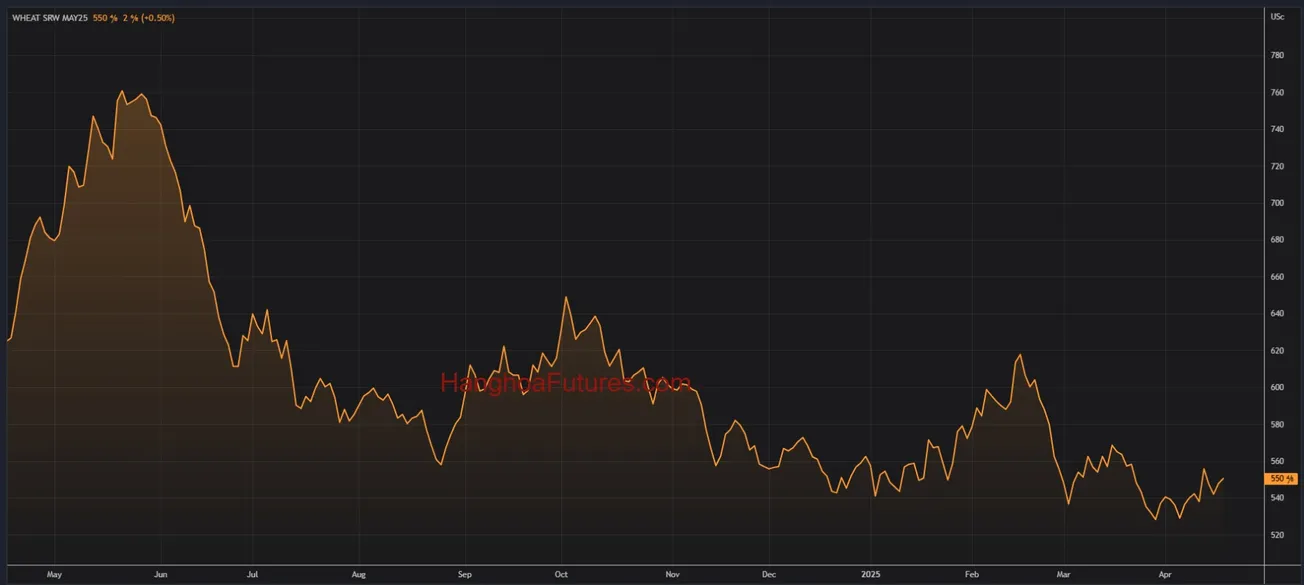 Diễn biến Giá Lúa Mì  trên sàn CBOT trong khoảng 01 năm (Từ ngày 17/04/2024 đến ngày 17/04/2025); Khung thời gian Ngày, Daily