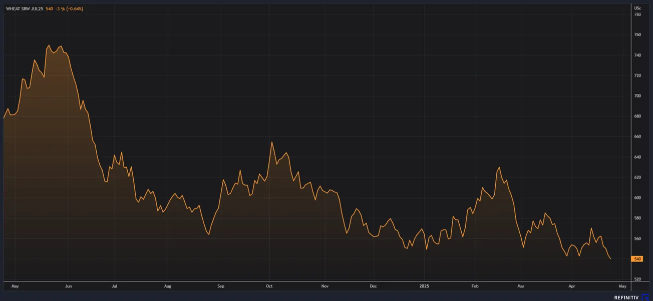 Diễn biến Đậu Tương trên sàn CBOT trong khoảng 01 năm (Từ ngày 24/04/2024 đến ngày 24/04/2025); Khung thời gian Ngày, Daily