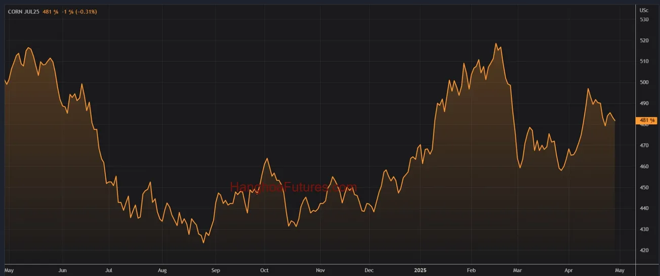 Diễn biến Ngô trên sàn CBOT trong khoảng 01 năm (Từ ngày 29/04/2024 đến ngày 29/04/2025); Khung thời gian Ngày, Daily