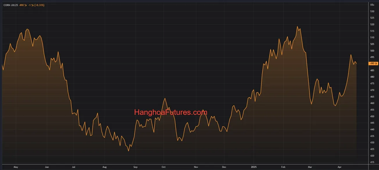Diễn biến Giá Ngô trên sàn CBOT trong khoảng 01 năm (Từ ngày 18/04/2024 đến ngày 18/04/2025); Khung thời gian Ngày, Daily