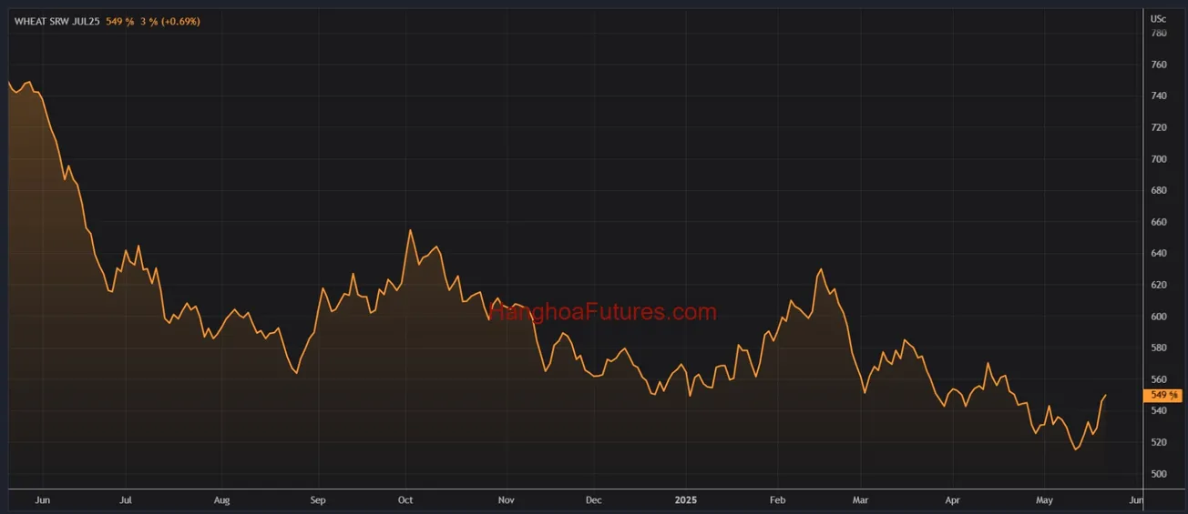 Diễn biến Lúa Mì trên sàn CBOT trong khoảng 01 năm (Từ ngày 21/05/2024 đến ngày 21/05/2025); Khung thời gian Ngày, Daily