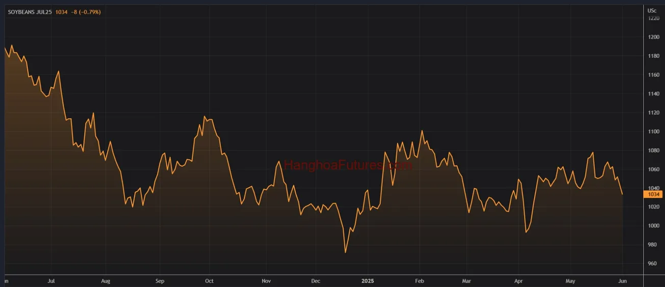 Diễn biến Đậu tương trên sàn CBOT trong khoảng 01 năm (Từ ngày 03/06/2024 đến ngày 03/06/2025); Khung thời gian Ngày, Daily